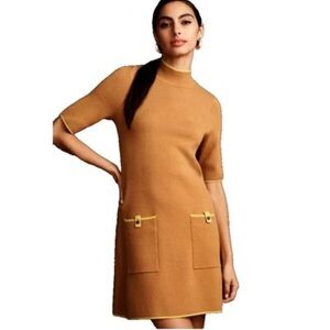 Maeve Mock Neck Mini Jumper Sweater Dress Tan Colorblock Shift Anthropologie XXS